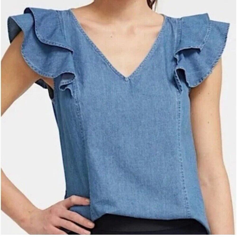 Draper James Denim Shirt Womens 4 Blue Ruffle Preppy Resort Vacation Country - Picture 2 of 9